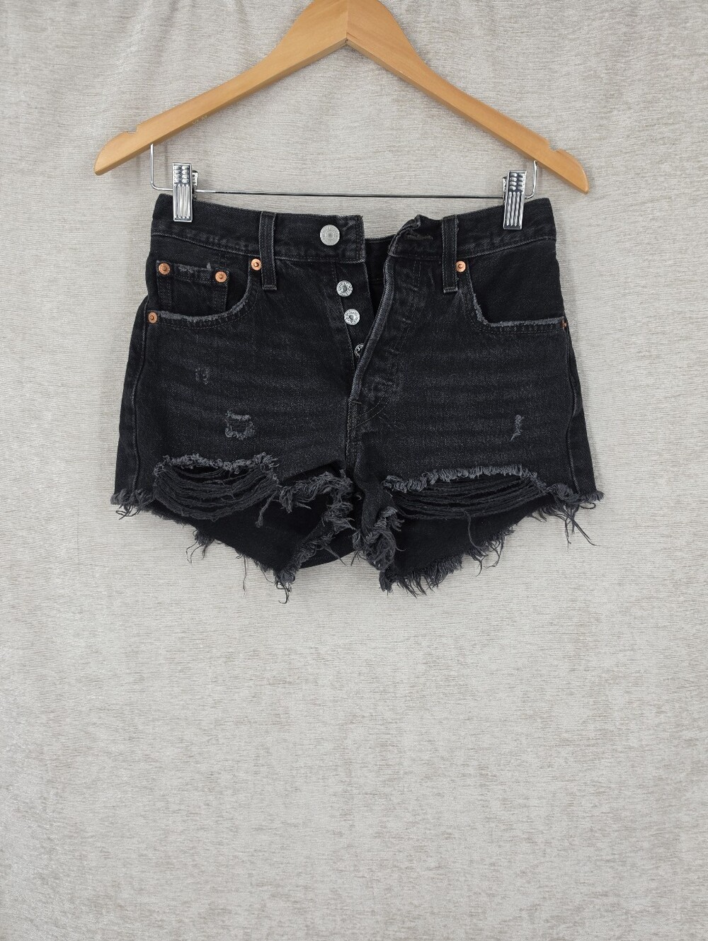 Levi's Premium 501 High Rise Cut Off Black Denim Distressed Short Shorts